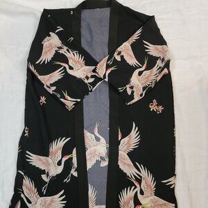 Unisex Black Kimono with Pink Cranes and Flowers